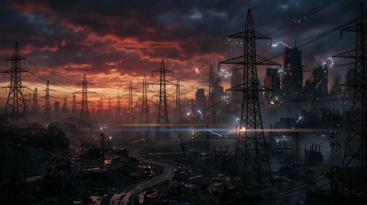 Dystopian cityscape with crimson sky and failing power grid