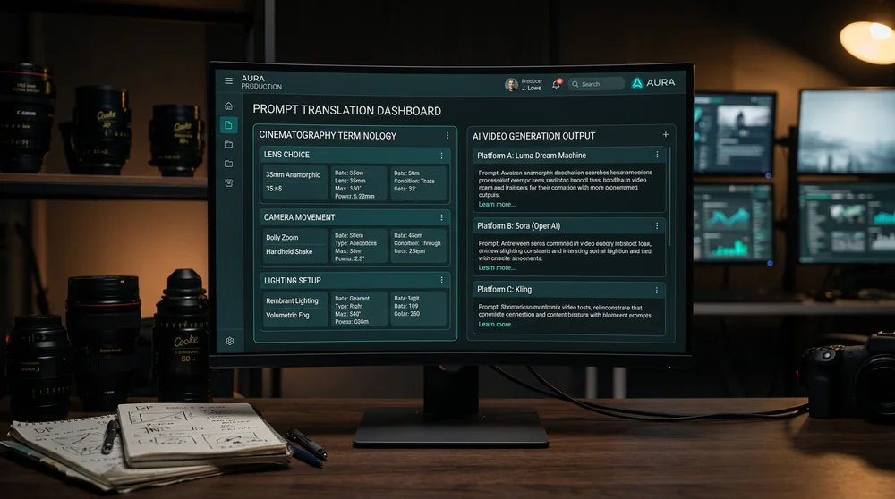 Prompt Cinematographer dashboard — Translates cinematography language into AI video prompts.