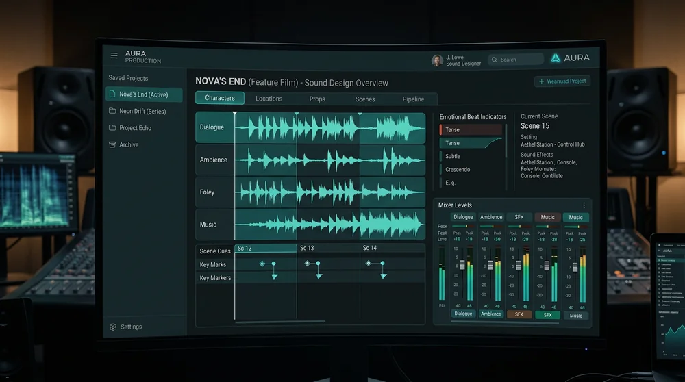 Sound Forge dashboard — AI sound design — dialogue, ambience, foley, music cues.